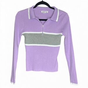 Charlotte Russe Women's Purple Y2K Half Zip Ribbed Colorblock Long Sleeve Polo